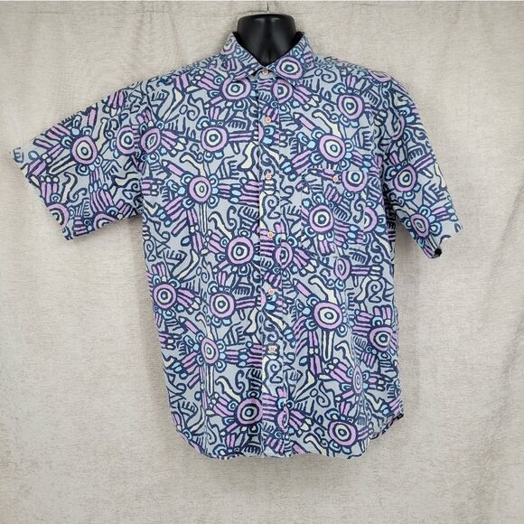 Gitano Vintage Men's Abstract Patterned Button Up Casual Shirt Blue and Purple - Picture 1 of 11